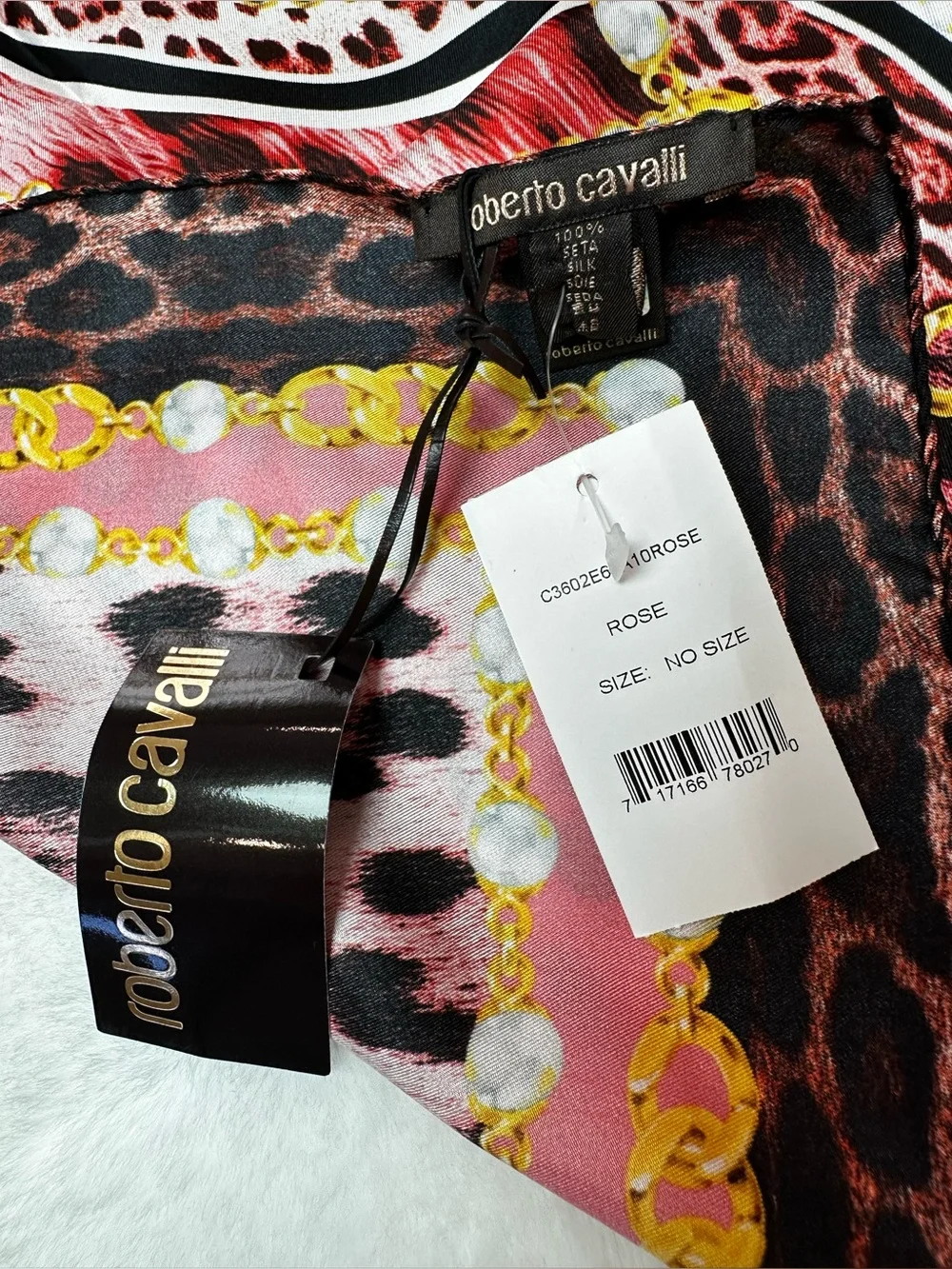 Roberto Cavalli Pink Leopard Print Silk Scarf with Gold Chain Motif